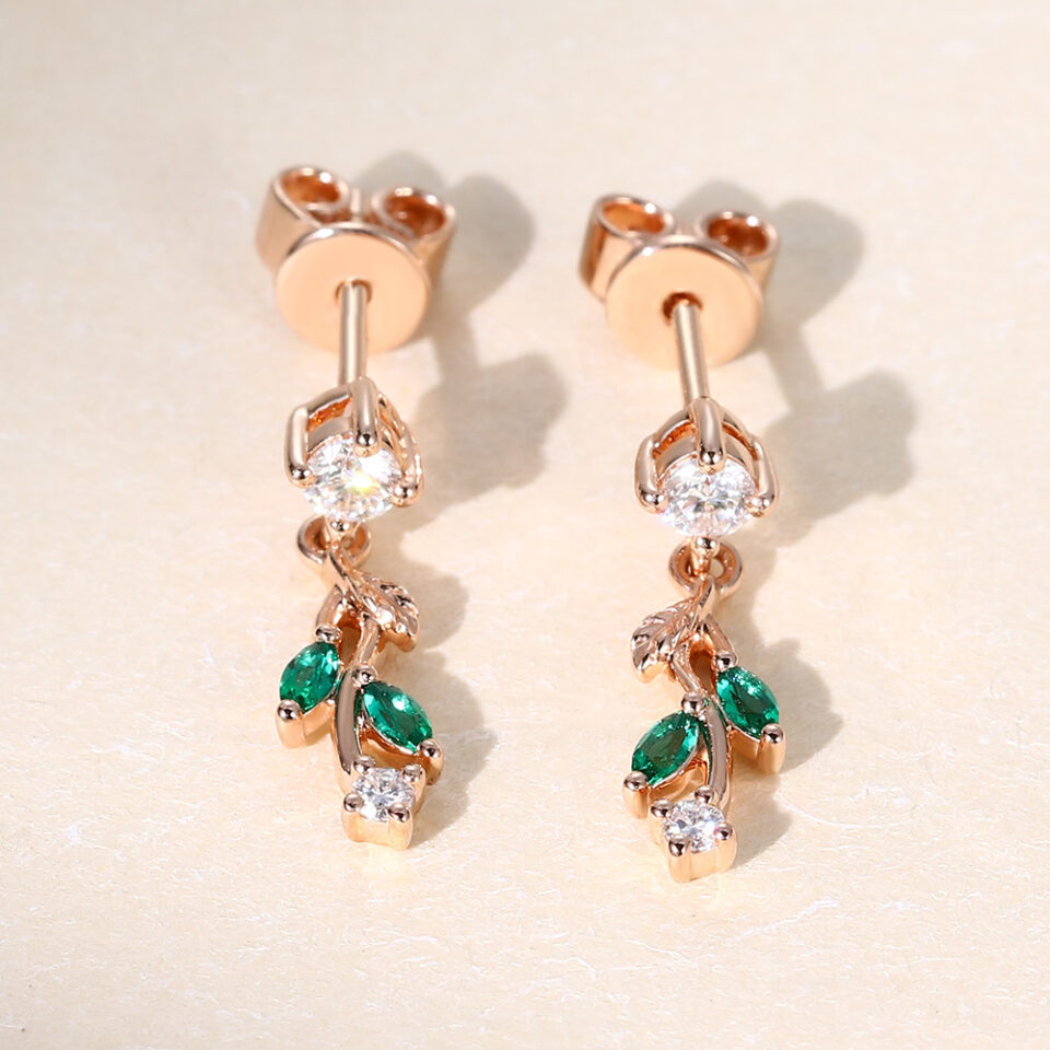 Nature Themed Emerald & Diamond Leaf Dangle Earrings