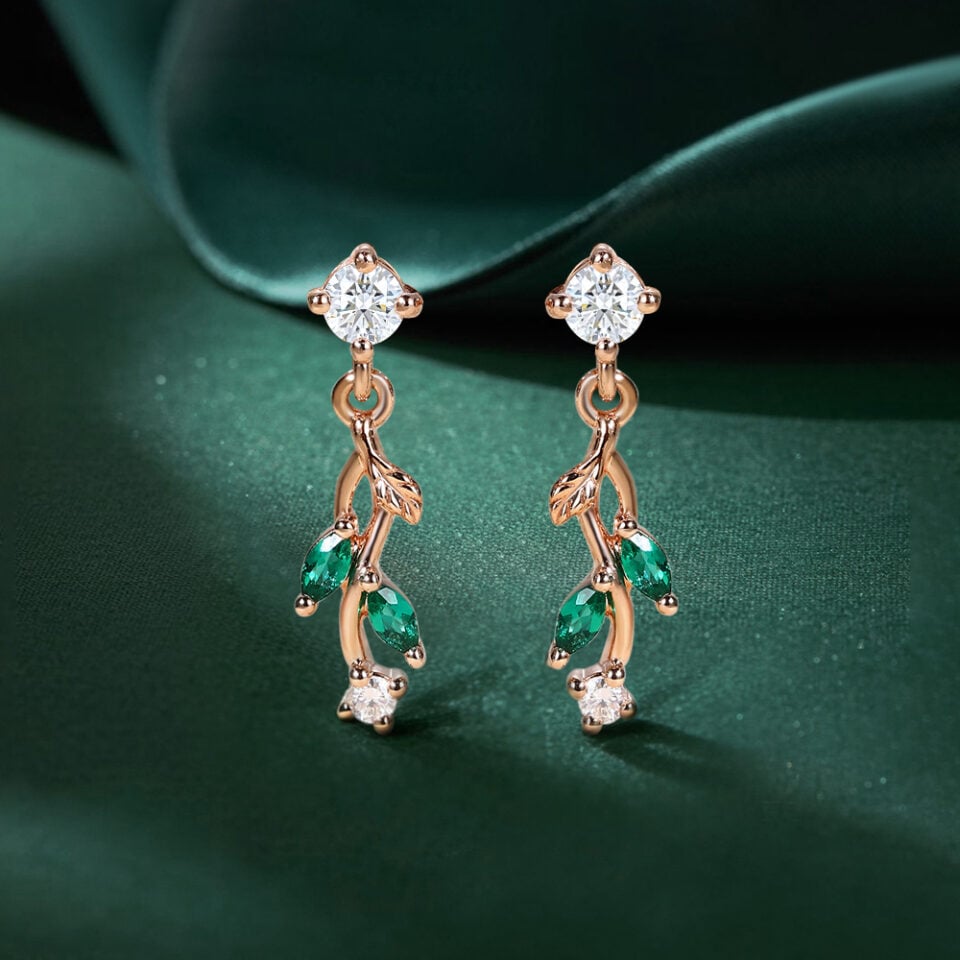 Nature Themed Emerald & Diamond Leaf Dangle Earrings