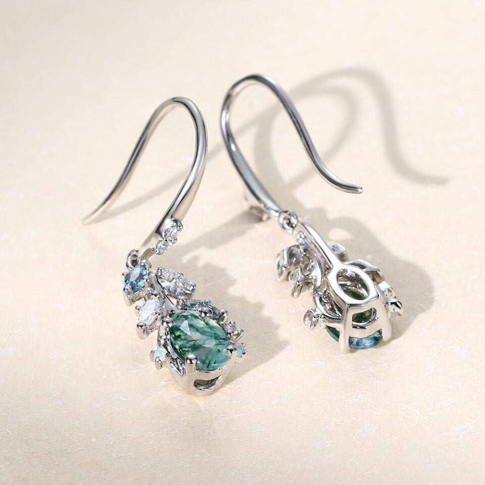 Nature Themed Oval Cut Moss Agate Leaf Dangle Earrings (11)