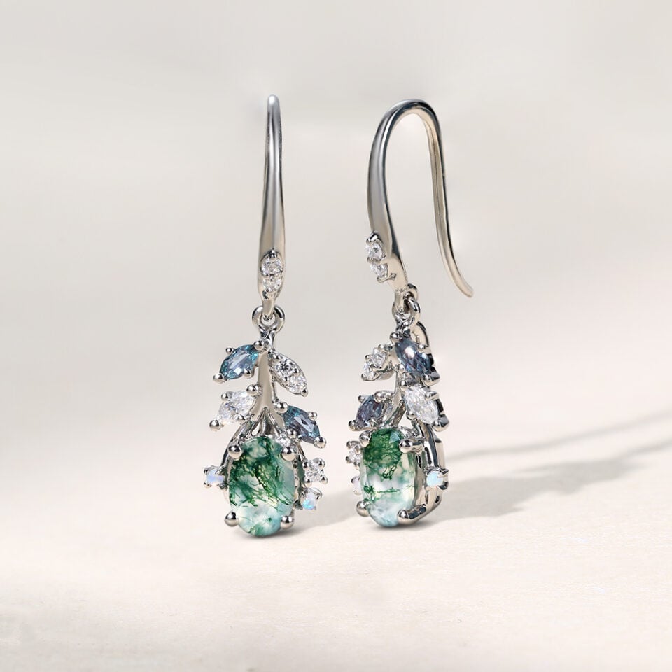 Nature Themed Oval Cut Moss Agate Leaf Dangle Earrings