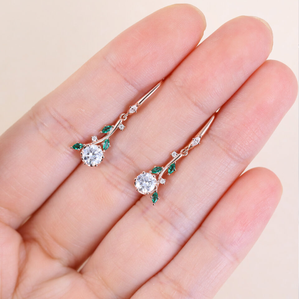 Nature Themed Round Cut Moissanite Twig Dangle Earrings (4)