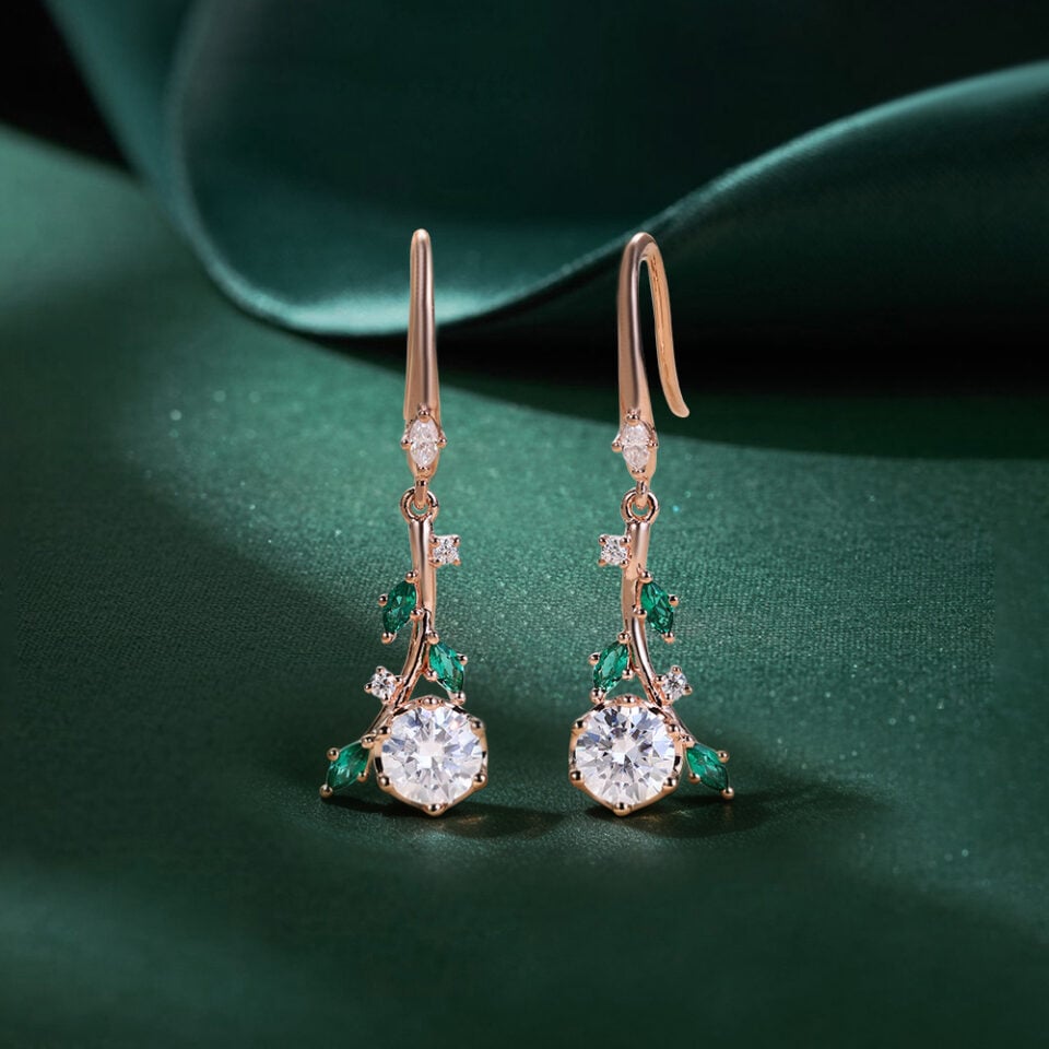 Nature Themed Round Cut Moissanite Twig Dangle Earrings