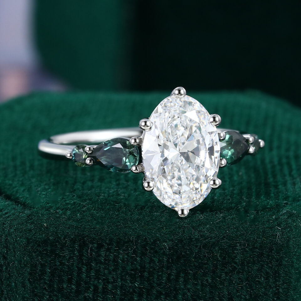 Oval Cut Lab Diamond Engagement Ring with Teal Sapphire Accents (11)