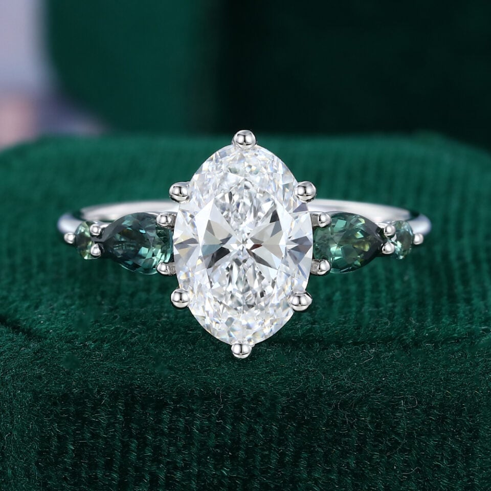 2CT Oval Cut Lab Diamond Engagement Ring with Teal Sapphire Accents