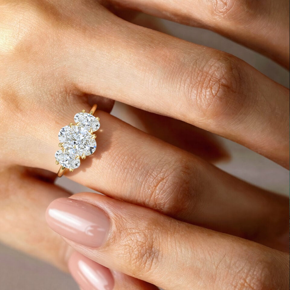 Oval Cut Lab Diamond Three Stone Engagement Ring (5)