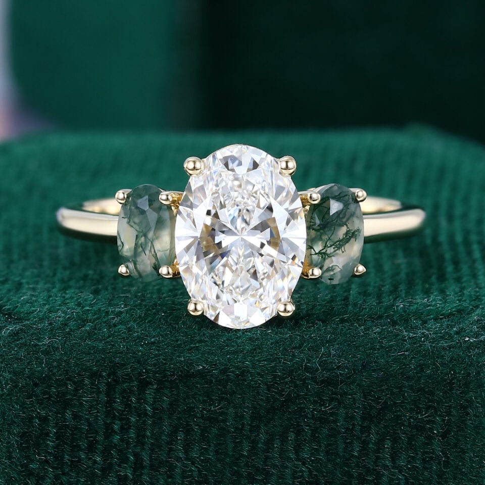 1.5CT Oval Cut Lab Diamond Three Stone Engagement Ring with Moss Agate Accents