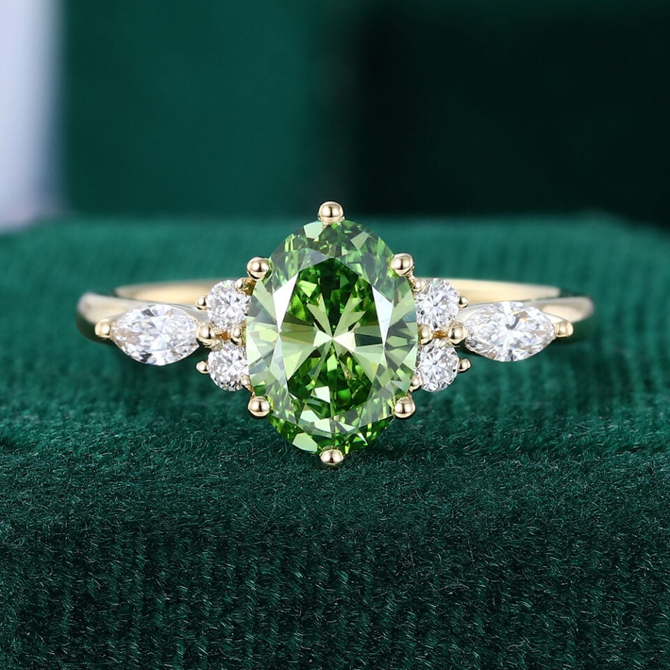 1CT Oval Cut Lab Green Diamond Engagement Ring with Classic Cluster Accents