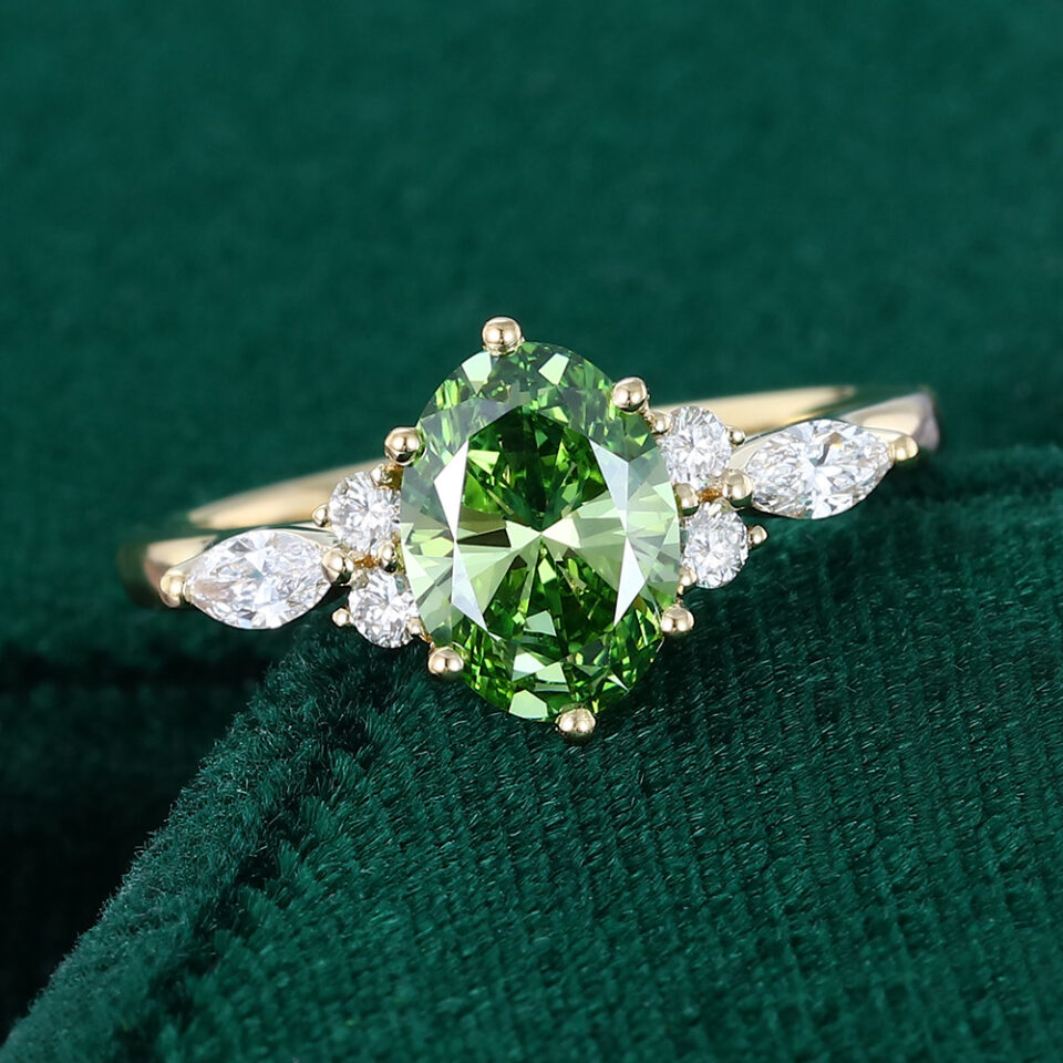 Oval cut lab green diamond engagement ring with classic cluster accents