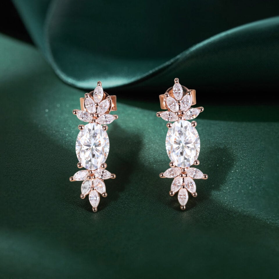 Oval Cut Moissanite Petal Cluster Stud Earrings