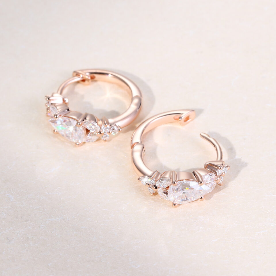 Pear Cut Moissanite Blossom Cluster Huggie Hoop Earrings (1)