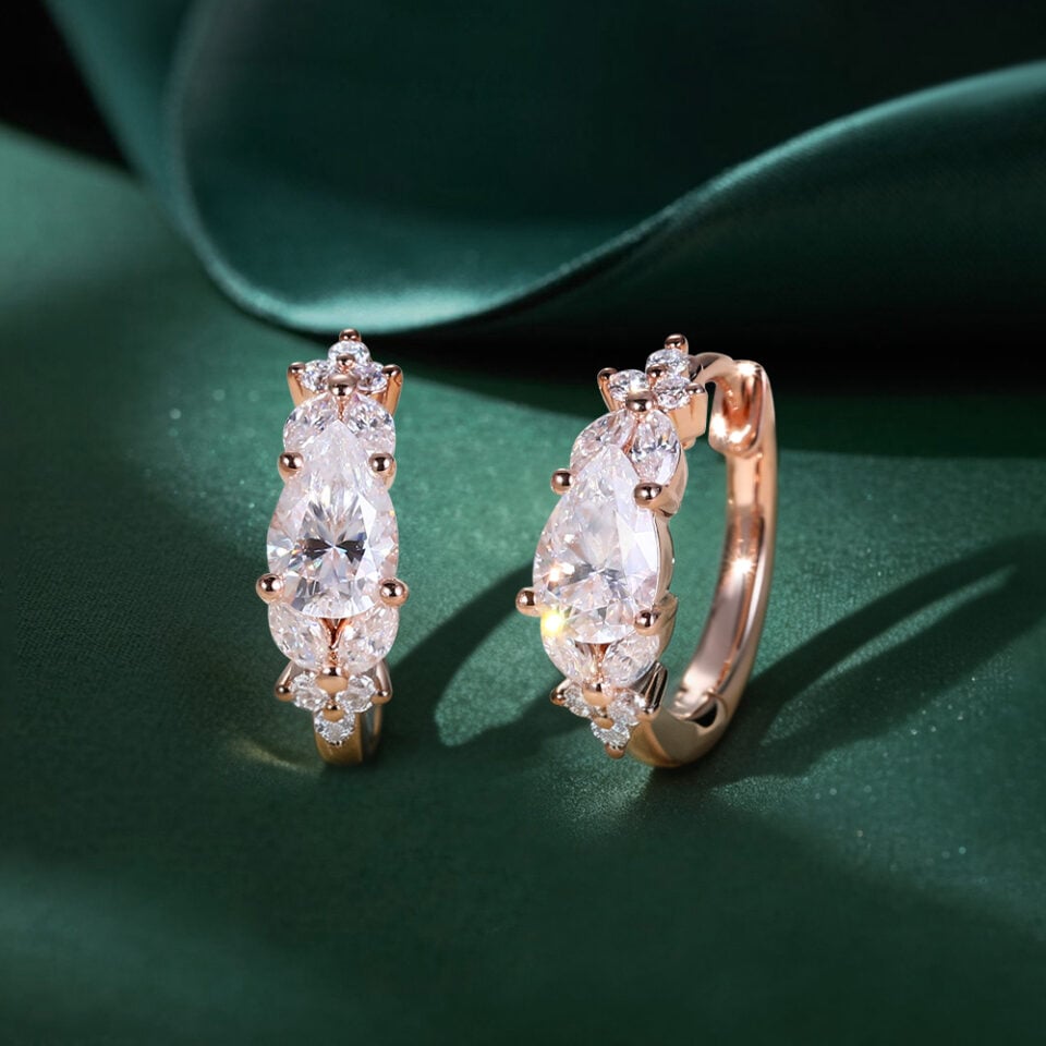 Pear Cut Moissanite Blossom Cluster Huggie Hoop Earrings