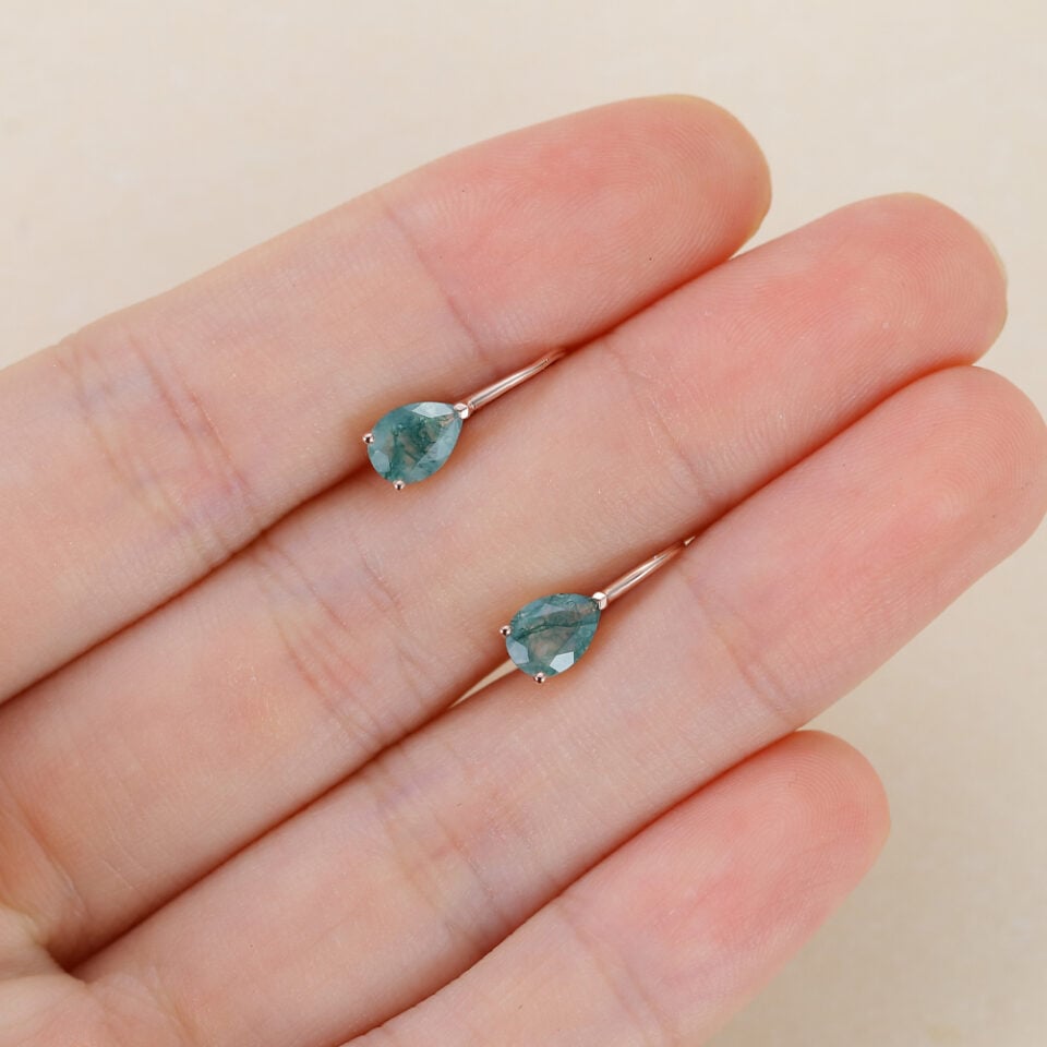 Pear Cut Moss Agate Solitaire Lever Back Earrings (4)