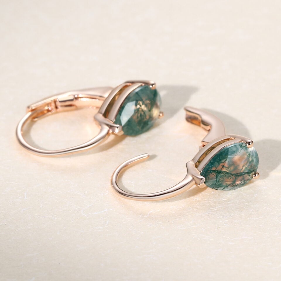 Pear Cut Moss Agate Solitaire Lever Back Earrings (5)