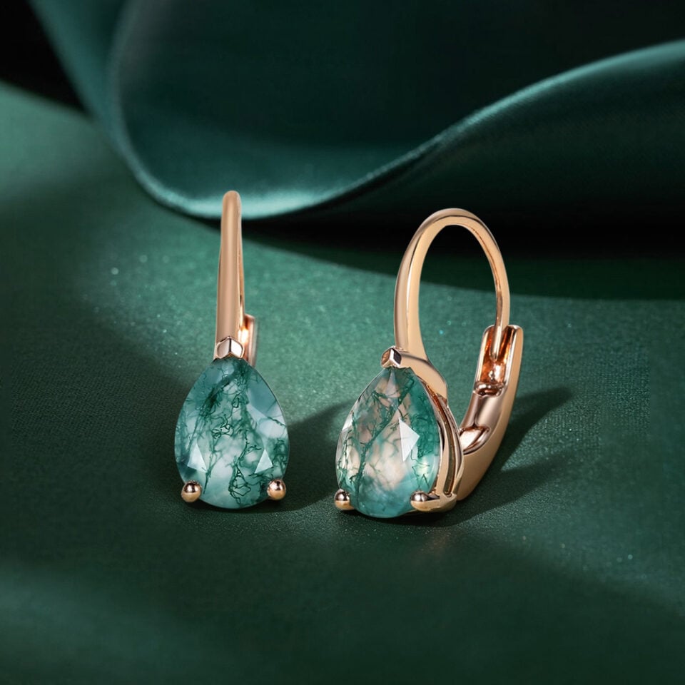Pear Cut Moss Agate Lever Back Earrings