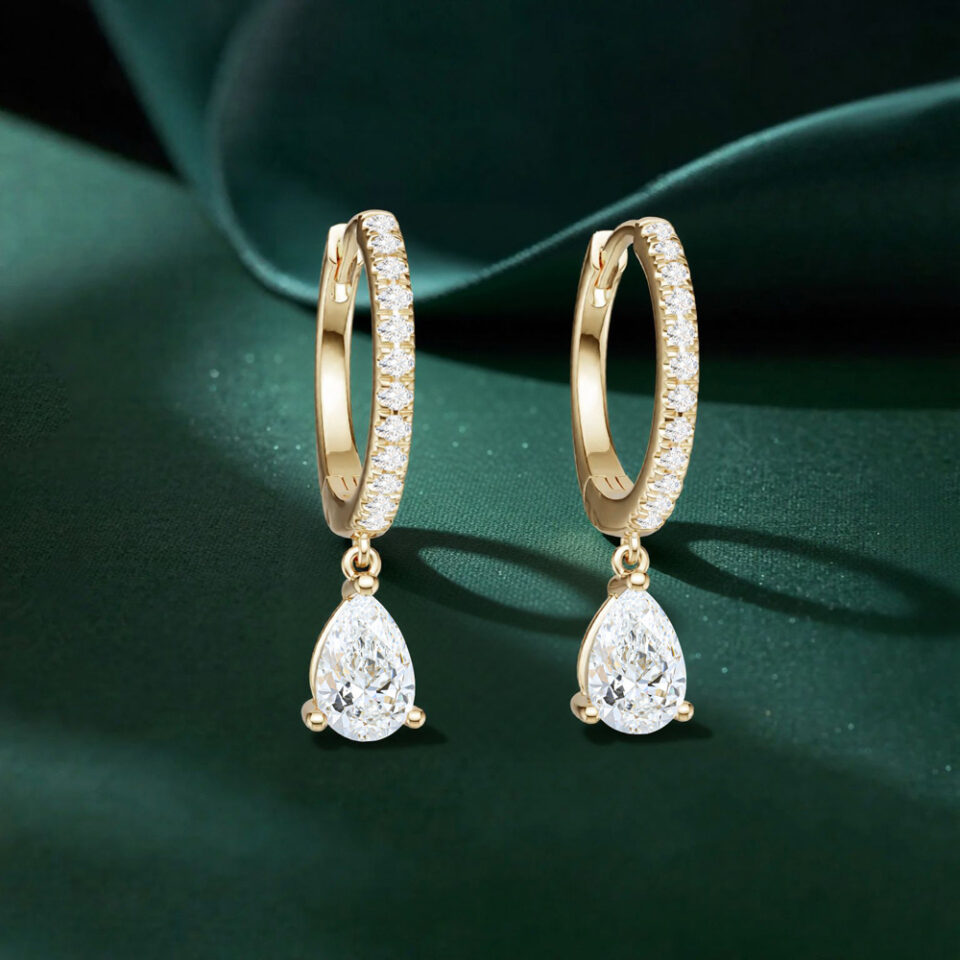 Pear Drop Lab Diamond Huggie Earrings with Pavé Accents