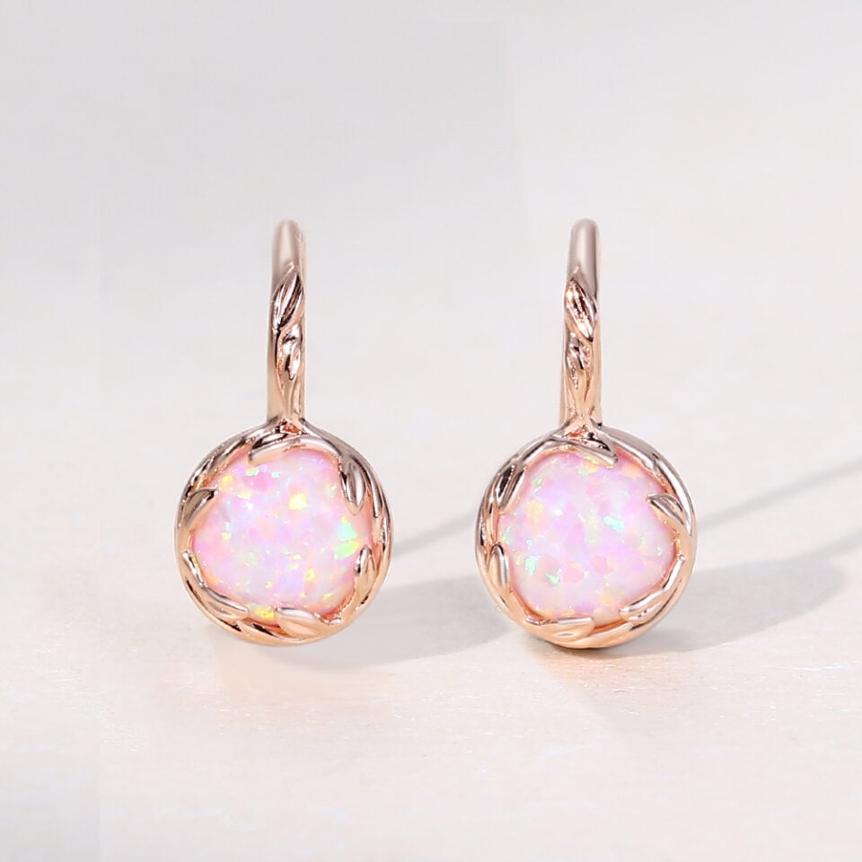 Round Cut Pink Opal Leaf Dangle Earring For Women
