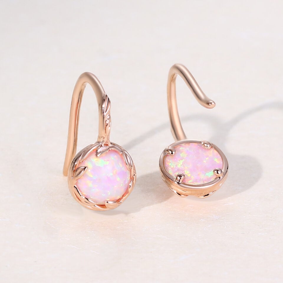 Round Cut Pink Opal Leaf Dangle Earring For Women