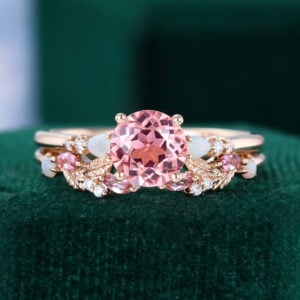 Round Cut Pink Sapphire Nature Themed Wedding Ring Set