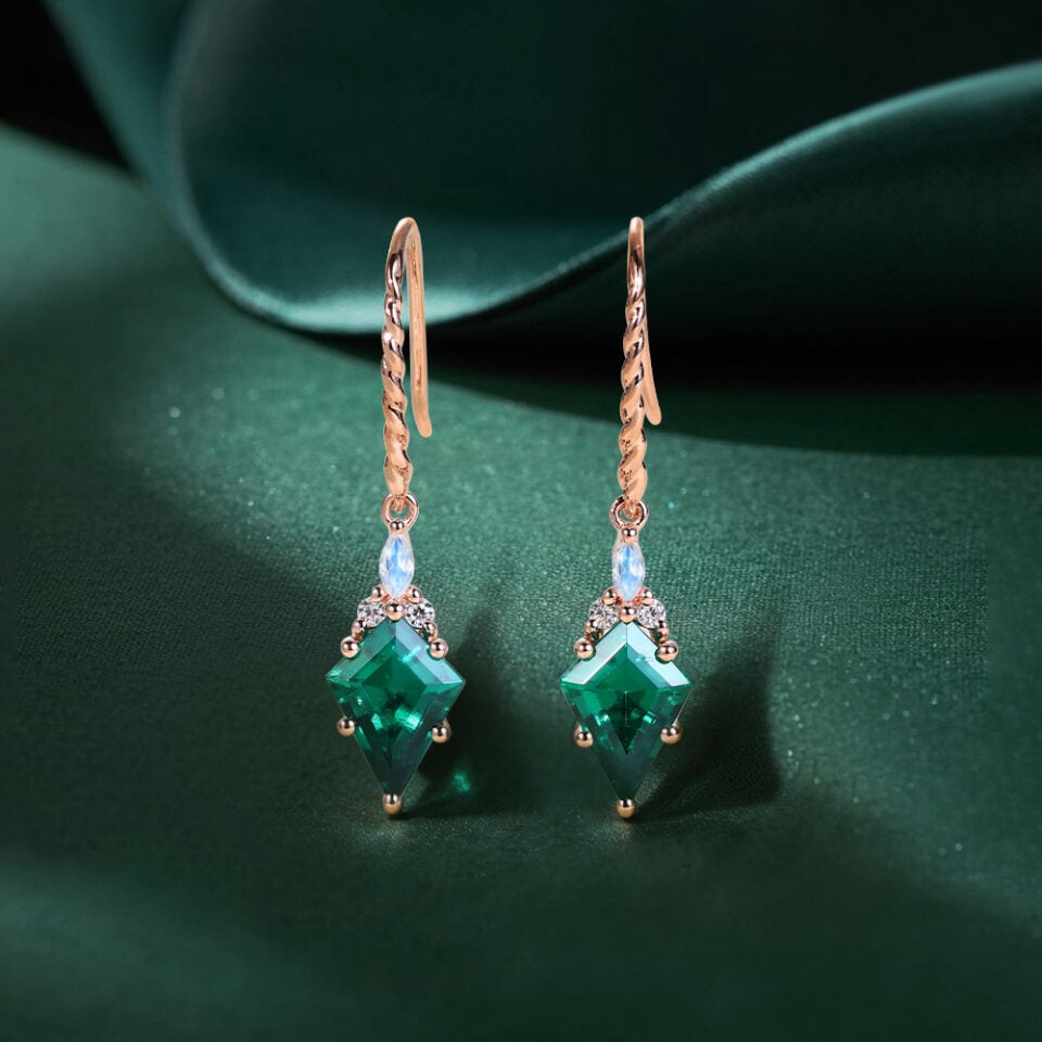 Twisted Design Kite Cut Emerald Dangle Earrings
