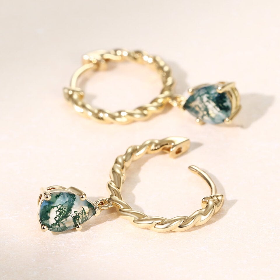 Twisted Design Pear Cut Moss Agate Huggie Hoop Earrings (7)