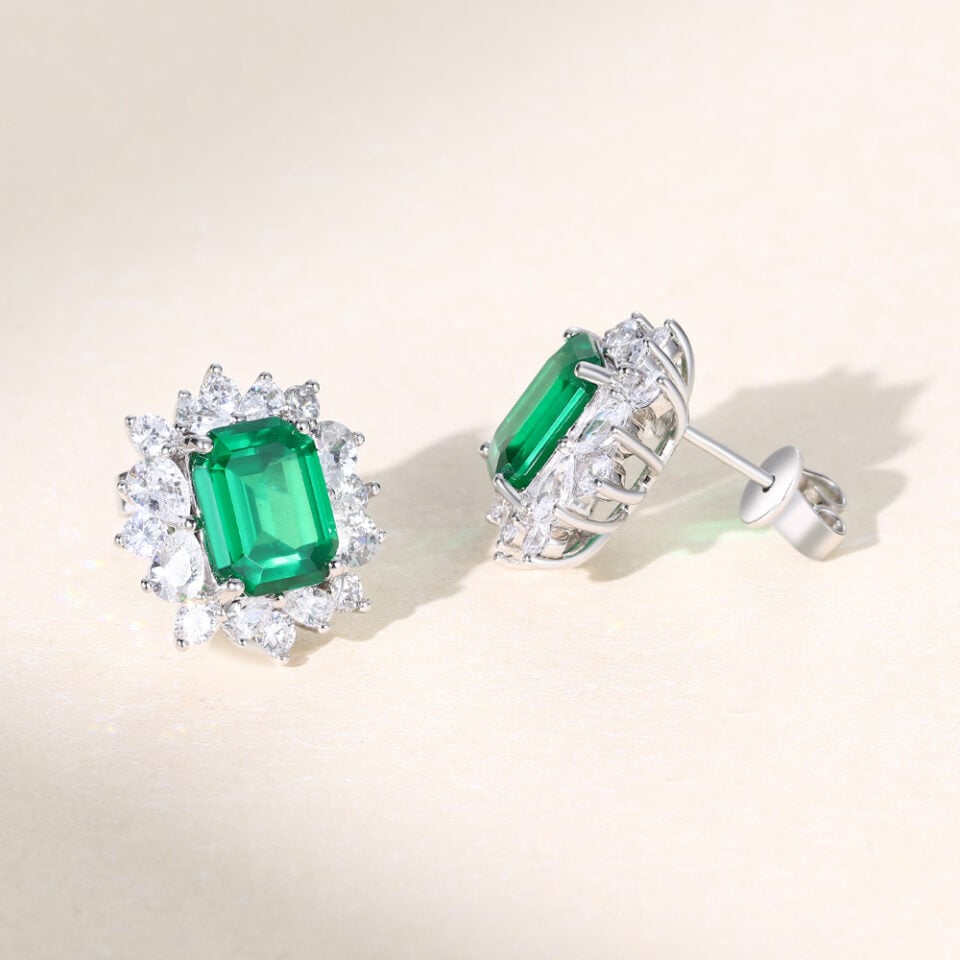 Vintage Inspired Emerald Cut Emerald Sunburst Halo Stud Earrings