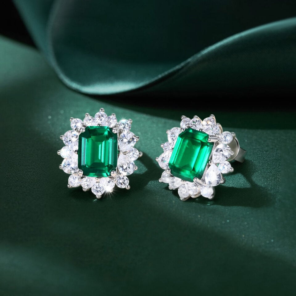 Vintage Inspired Emerald Cut Emerald Sunburst Halo Stud Earrings