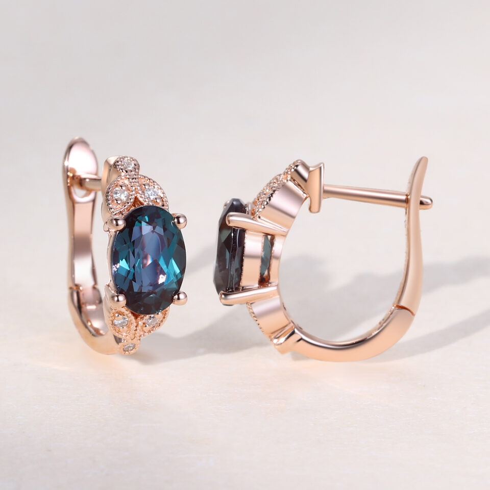 Vintage Oval Cut Alexandrite Huggie Hoop Earrings With Milgrain Design