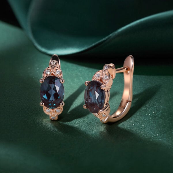 Vintage Oval Cut Alexandrite Huggie Hoop Earrings With Milgrain Design