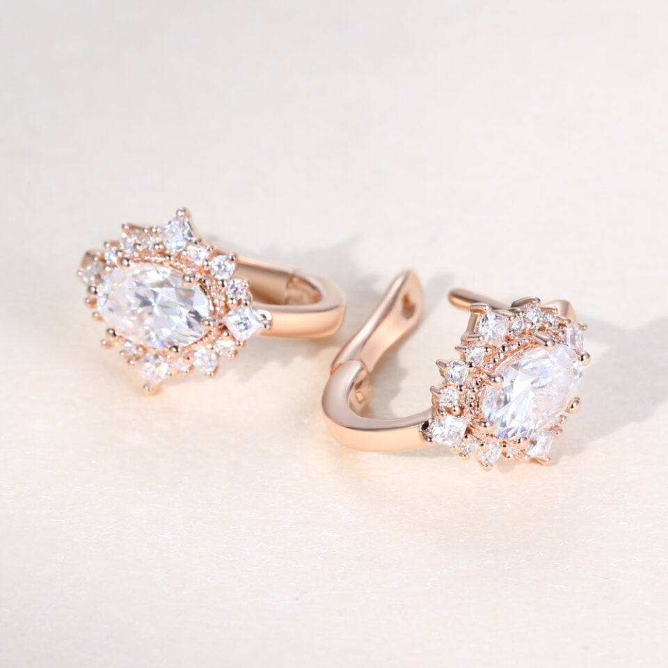 Vintage Oval Cut Moissanite Halo Huggie Hoop Earrings with Milgrain Accents