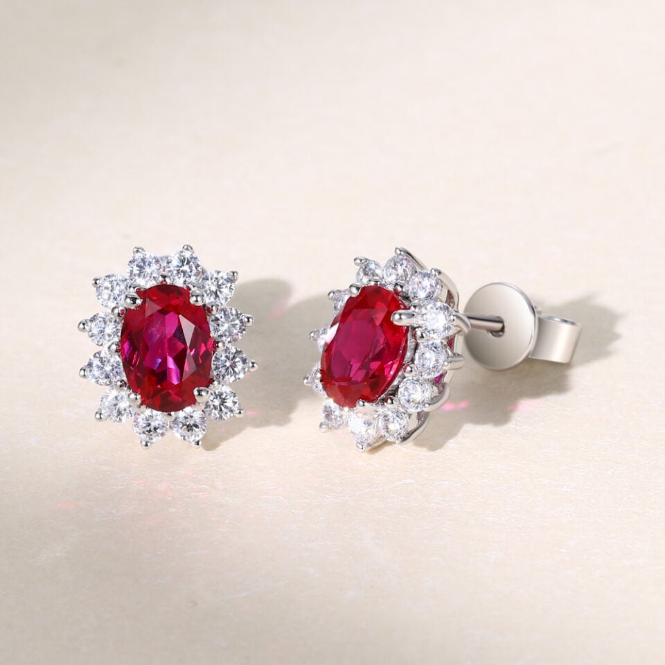 Vintage Oval Cut Ruby Sunburst Halo Stud Earrings