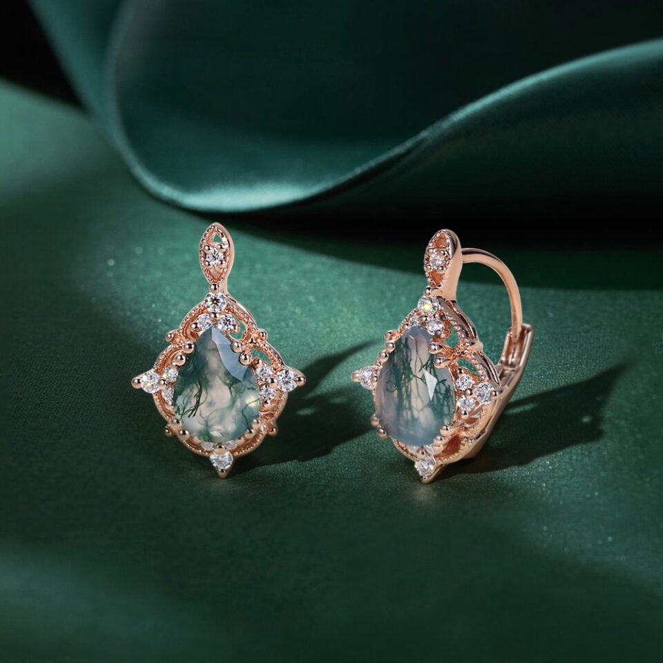 Vintage Pear Cut Moss Agate Filigree Floral Halo Leverback Earrings