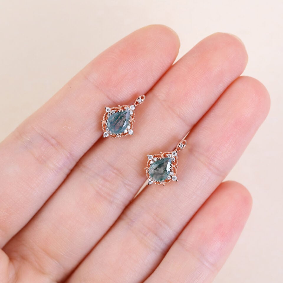 Vintage Pear Cut Moss Agate Filigree Floral Halo Leverback Earrings (2)