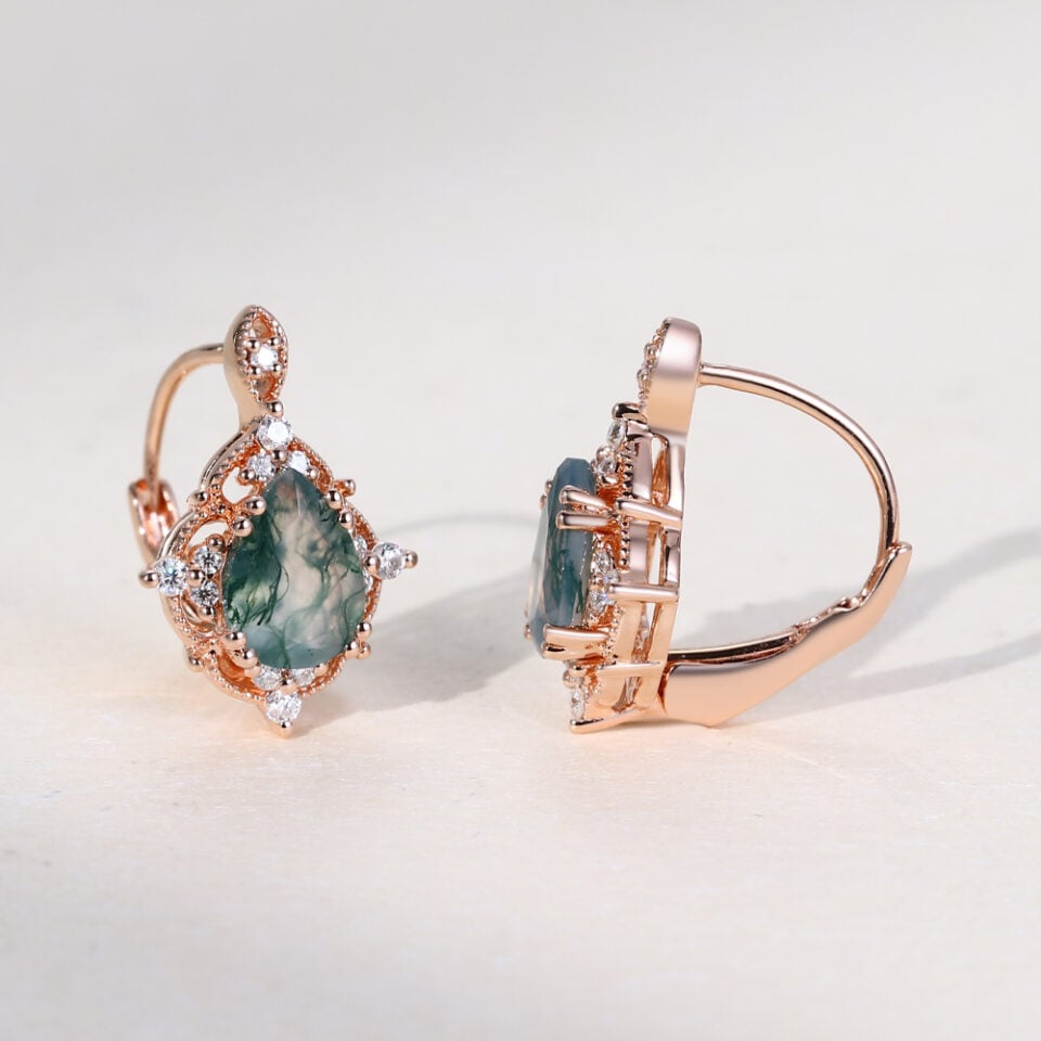 Vintage Pear Cut Moss Agate Filigree Floral Halo Leverback Earrings (3)