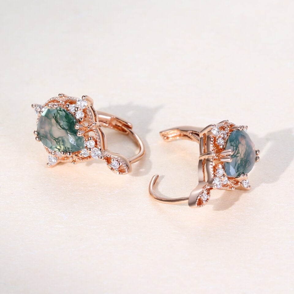 Vintage Pear Cut Moss Agate Filigree Floral Halo Leverback Earrings (4)