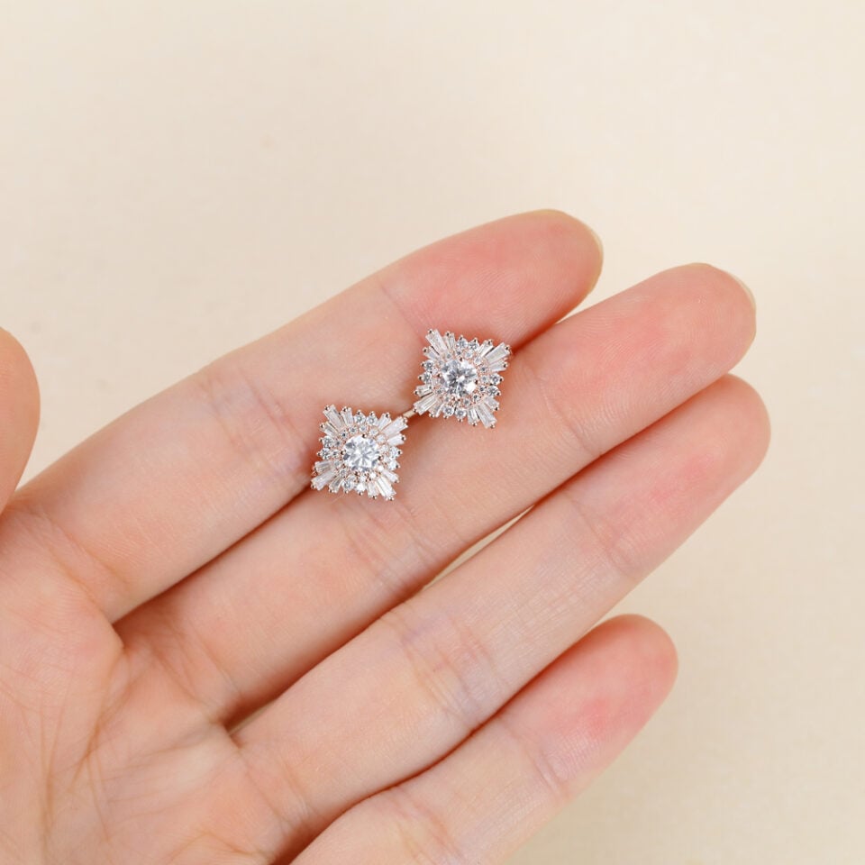 Vintage Round Cut Moissanite Sunburst Halo Lever Back Earrings (4)