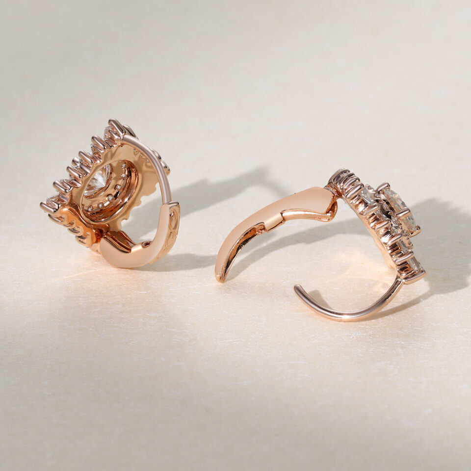 Vintage Round Cut Moissanite Sunburst Halo Lever Back Earrings (5)