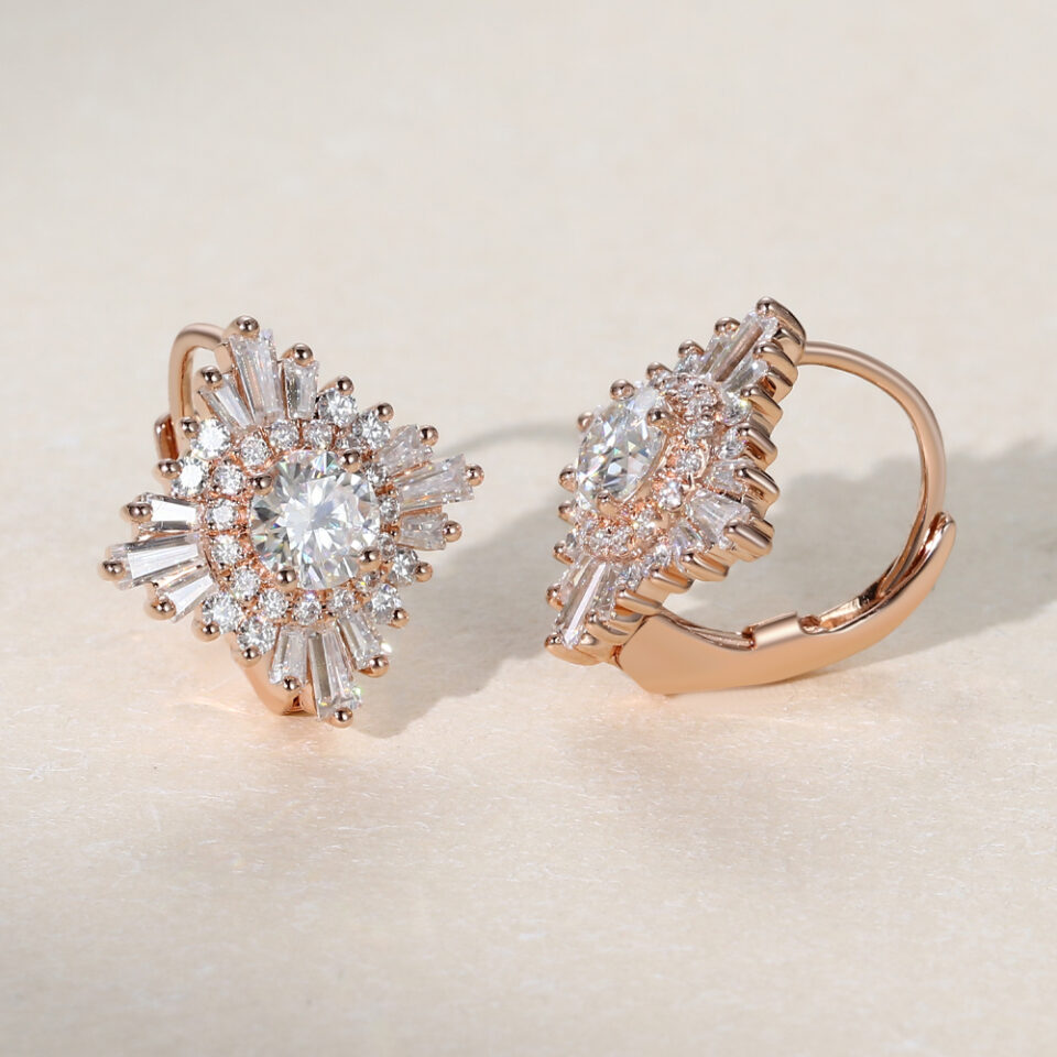 Vintage Round Cut Moissanite Sunburst Halo Lever Back Earrings