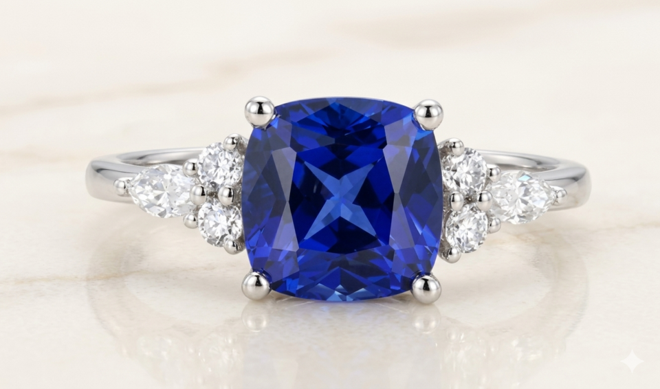 cushion cut blue sapphire engagement ring