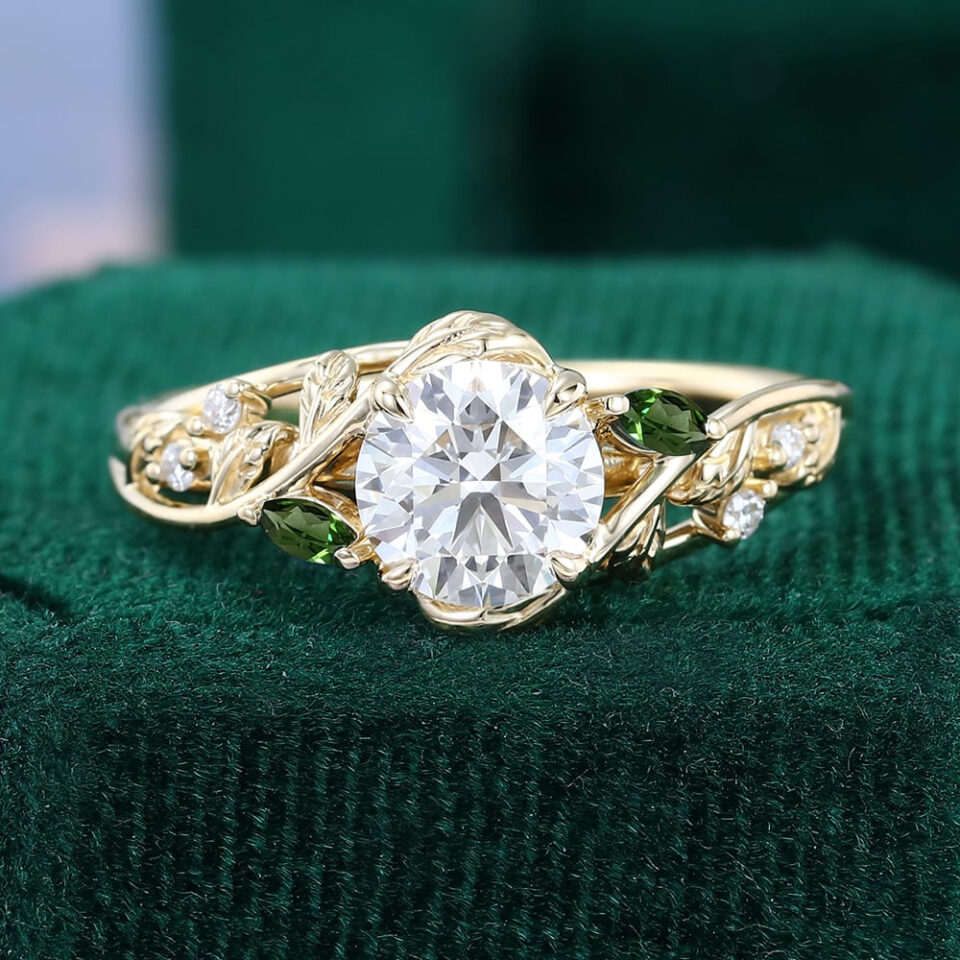 1ct round cut lab diamond engagement ring with marquise teal sapphire accents