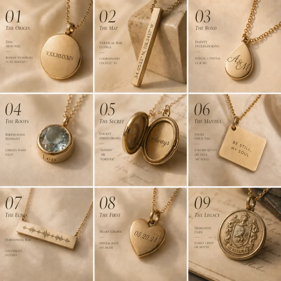 A 3x3 grid display showcasing nine diverse personalized necklace engraving ideas