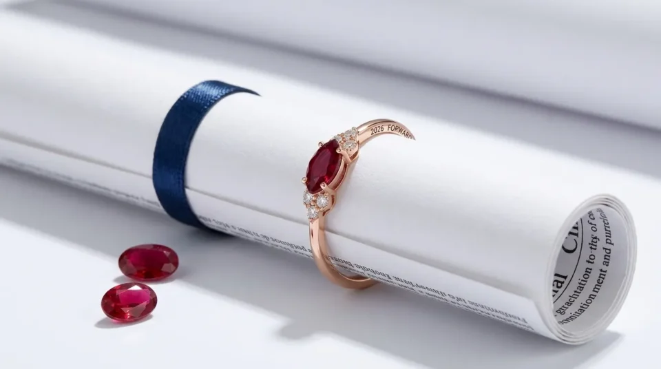 A modern gold custom graduation ring with a marquise-cut ruby set on a rolled diploma scroll