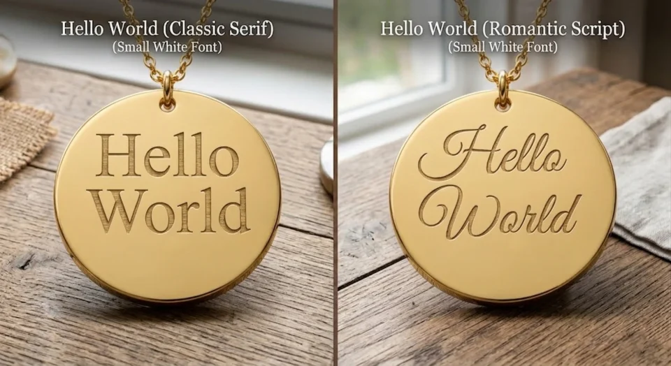 A side-by-side comparison of two gold disc necklaces to demonstrate engraving font styles