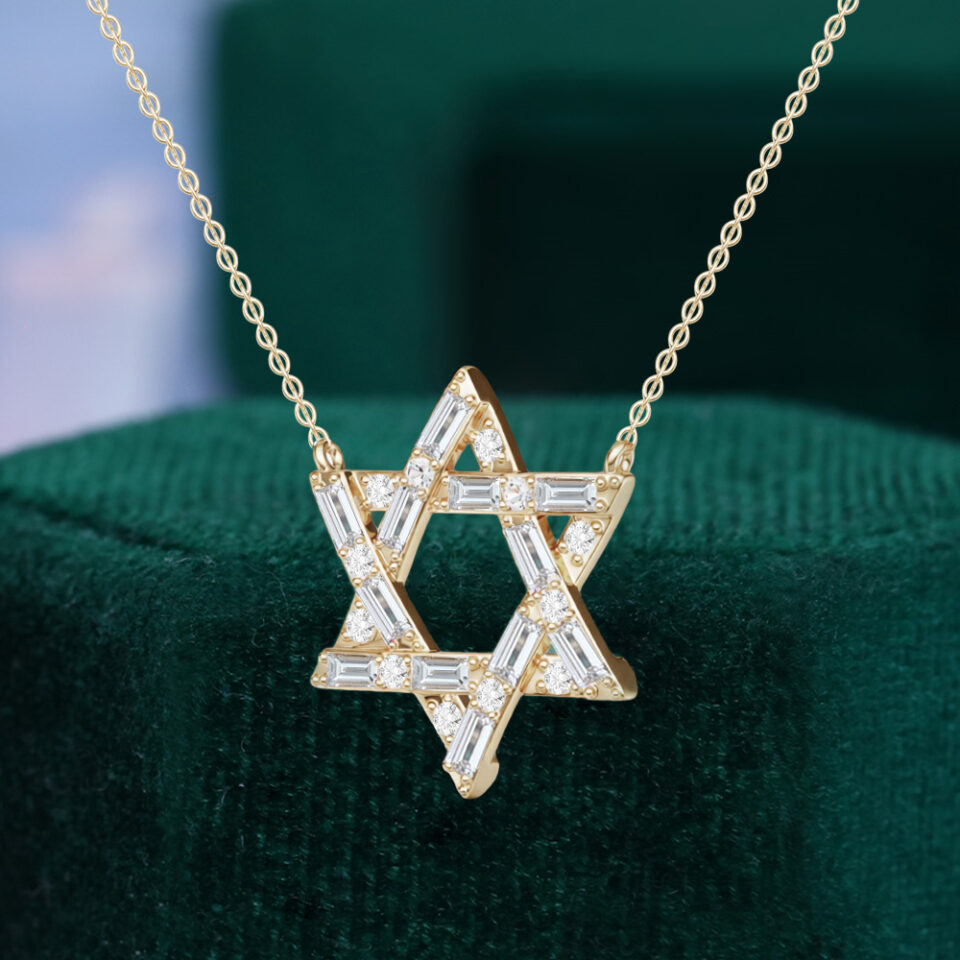 Alternating Baguette & Round Cut Lab Diamond Hexagram Pendant Necklace
