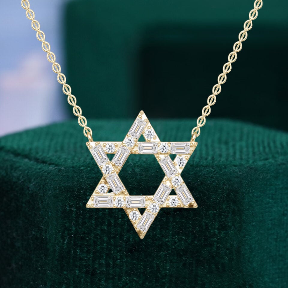 Alternating Baguette & Round Cut Lab Diamond Hexagram Pendant Necklace