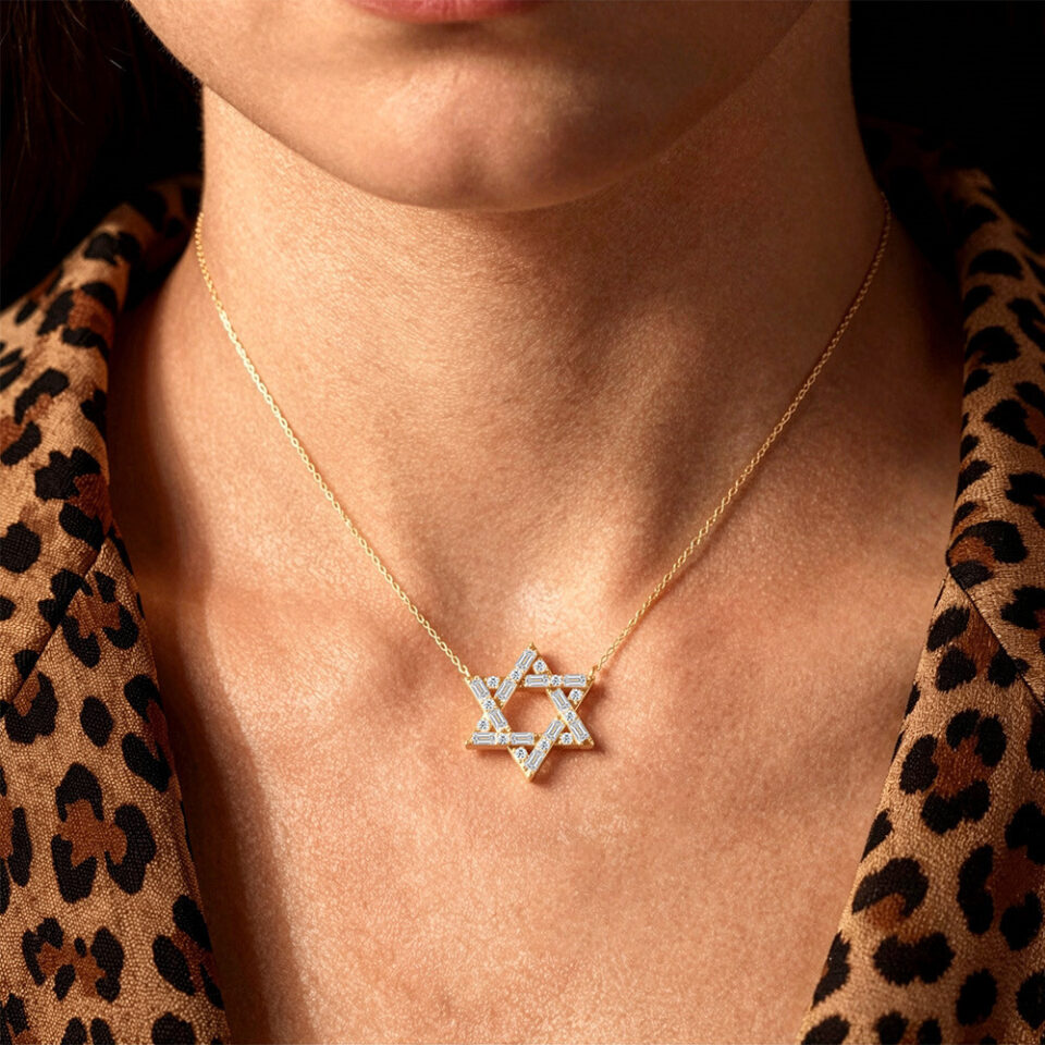 Alternating Baguette & Round Cut Lab Diamond Hexagram Pendant Necklace (4)