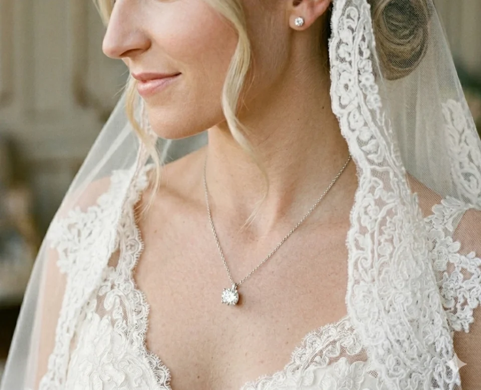 Bride wearing a delicate solitaire pendant necklace