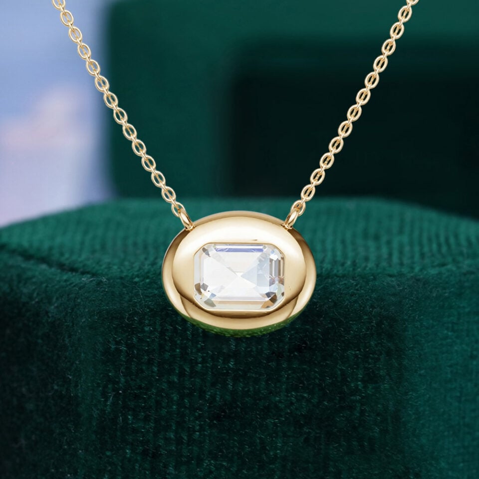 Bubble Bezel Emerald Cut Lab Diamond Solitaire Necklace For Women (2)