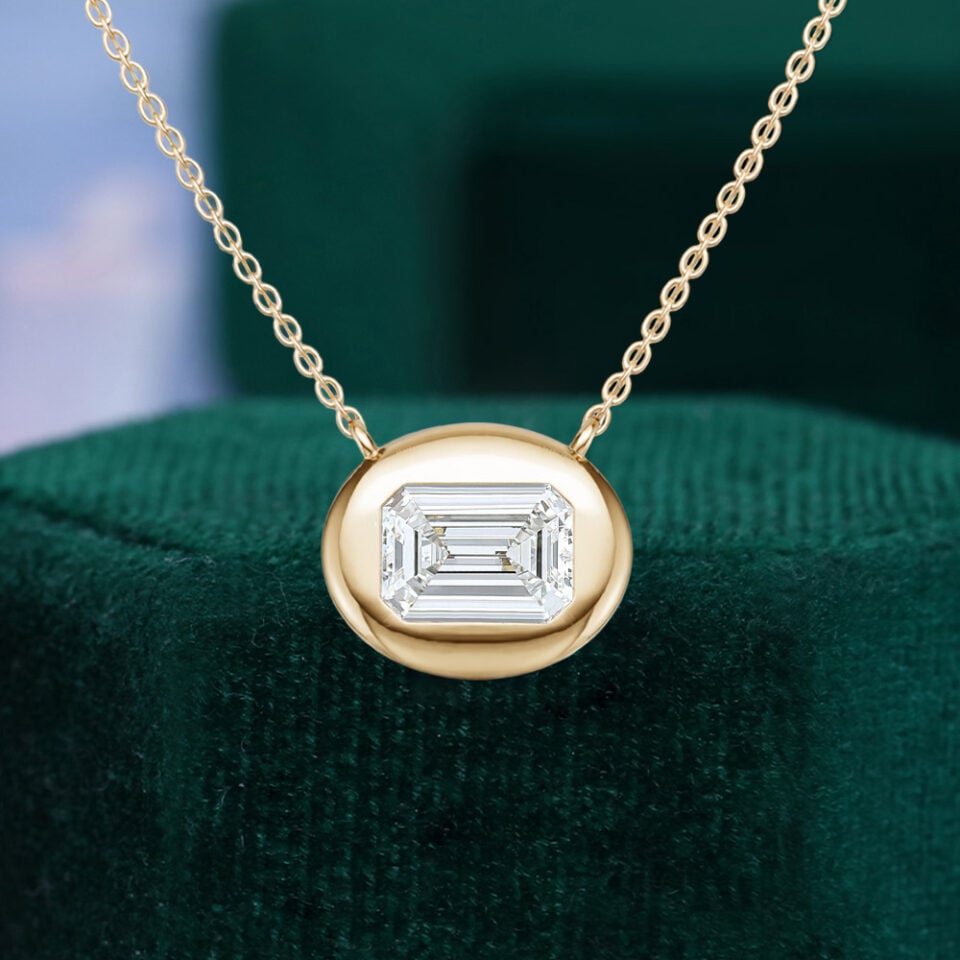 Bubble Bezel Emerald Cut Lab Diamond Solitaire Necklace For Women
