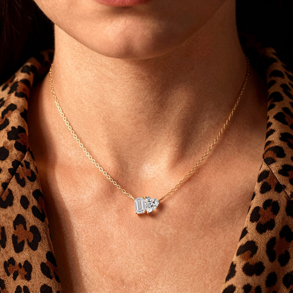 Emerald & Heart Cut Lab Diamond Toi et Moi Necklace (4)