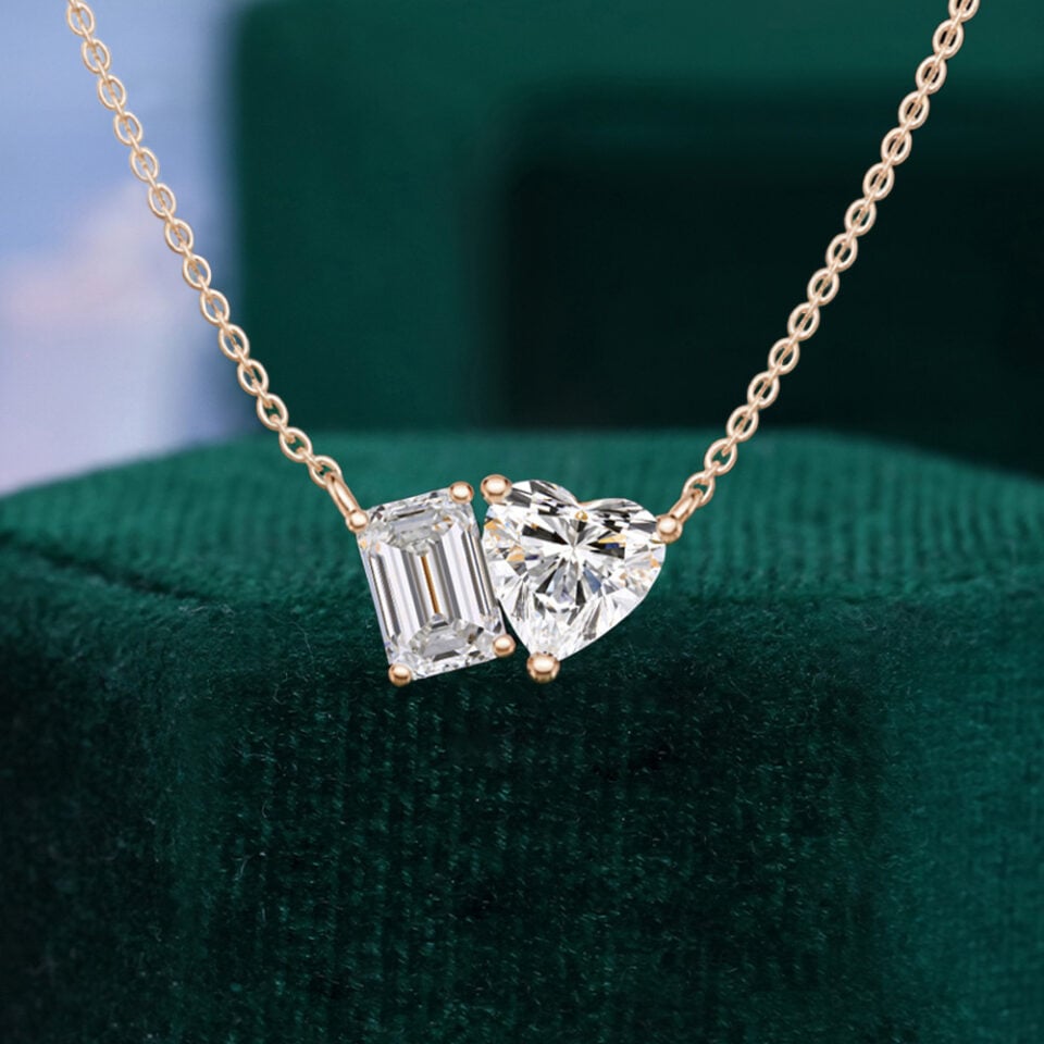 Emerald & Heart Cut Lab Diamond Toi et Moi Necklace
